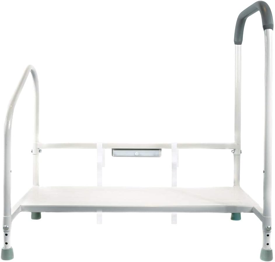 Step2Bed Bed Rails For Elderly with Adjustable Height Bed Step Stool & LED Light for Fall Prevention - Portable Medical Step Stool comes with Handicap Grab Bars making it easy to get in and out of bed