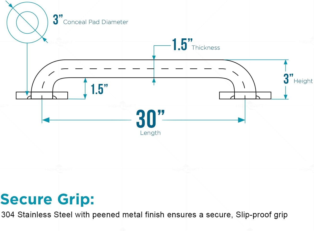 Grab Bar for Bathtubs and Showers, Shower Grab Bars for Seniors and Elderly, Safety Bar for Bathroom 30" x 1.5" ADA Compliant Grab Bar, Heavy Duty Stainless Steel Shower Handle Wall Mount - Image 2
