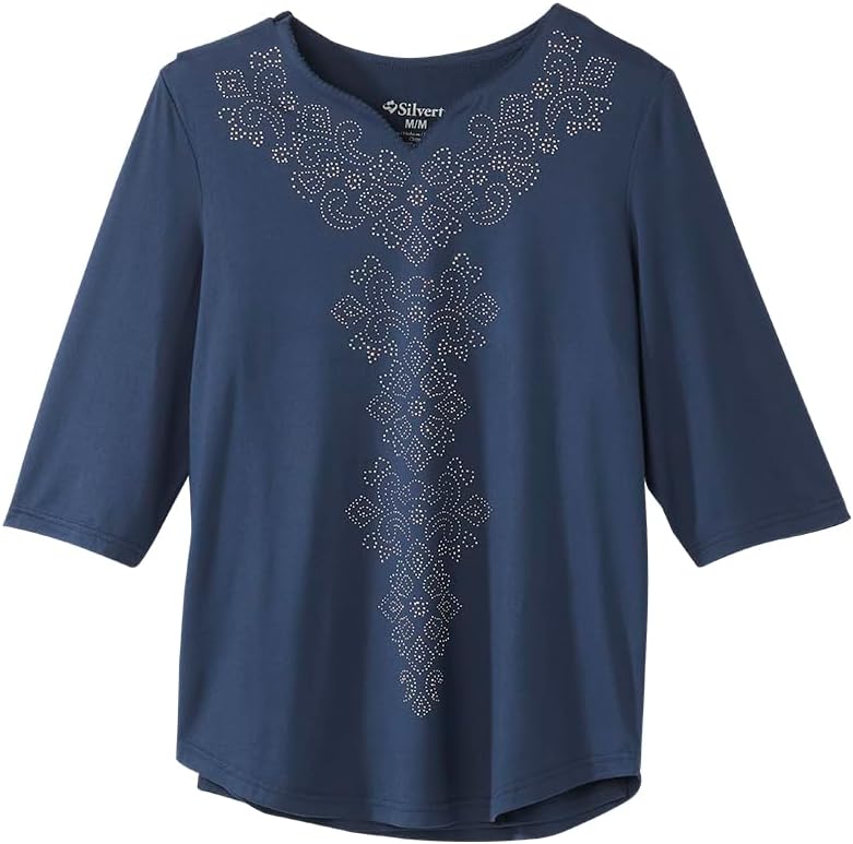 Silverts Women's Open Back Vneck Embellished Top - Adaptive Clothes for Elderly Seniors - Wheelchair Surgery Recovery Shirt
