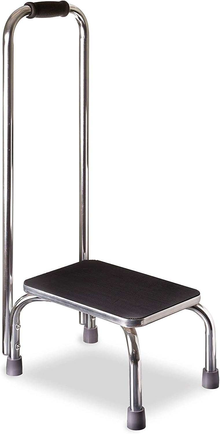 DMI Step Stool with Handle and Non Skid Rubber Platform, Lightweight and Sturdy Stool for Seniors, Adults and Children, Holds up to 300 Pounds with 9.5 Inch Step Up, 17.3"D x 12.3"W x 34"H, Chrome