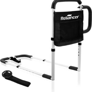 RELIANCER Bed Safety Rail for Elderly Adult w/Side Support Bar&Storage Bag,Dual Handle Assist Grab Bar for Seniors,Adjustable Bedside Support Railing,Bed Side Assist Guard Rail,Bedside Hand Guard Bar