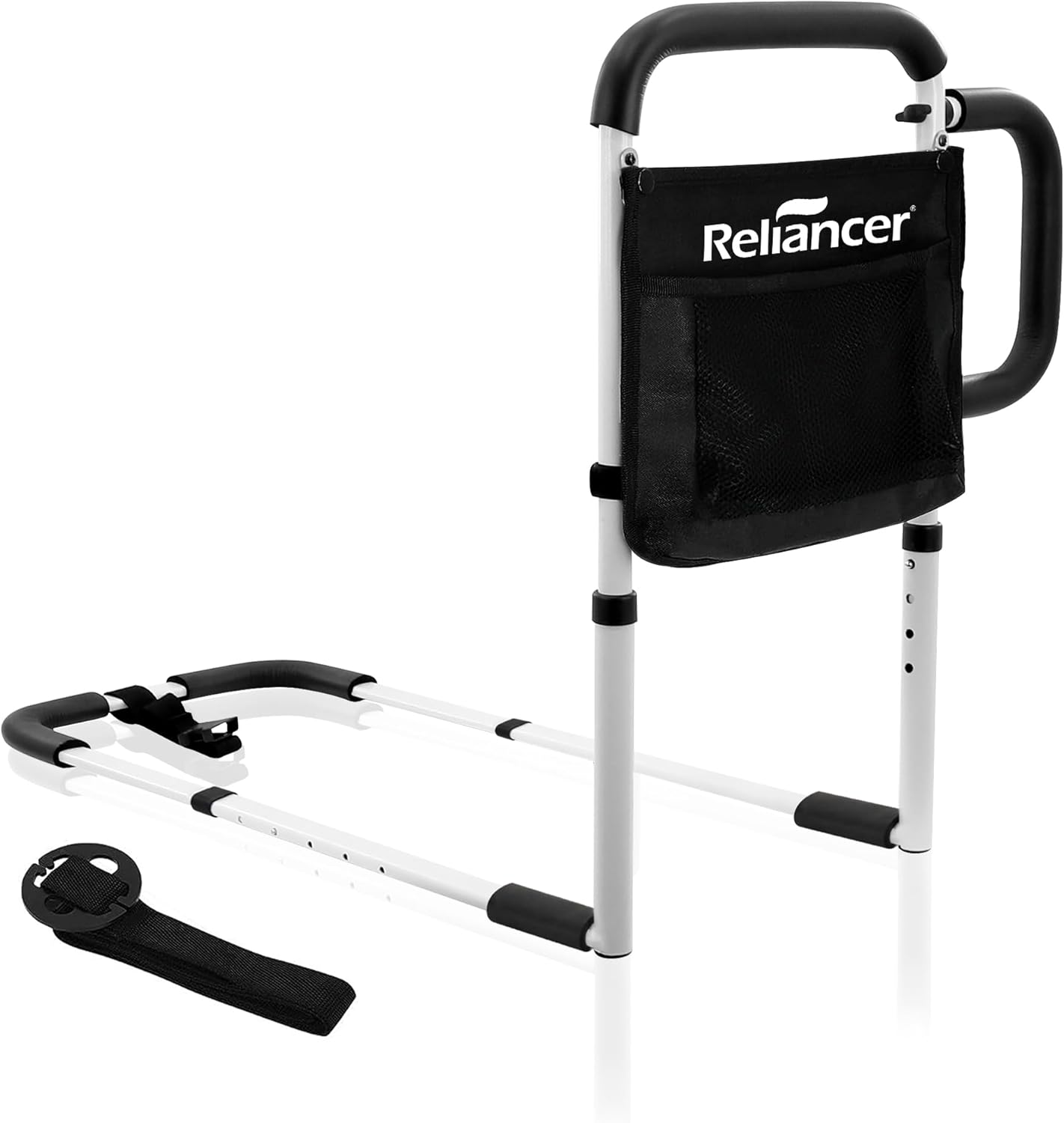 RELIANCER Bed Safety Rail for Elderly Adult w/Side Support Bar&Storage Bag,Dual Handle Assist Grab Bar for Seniors,Adjustable Bedside Support Railing,Bed Side Assist Guard Rail,Bedside Hand Guard Bar