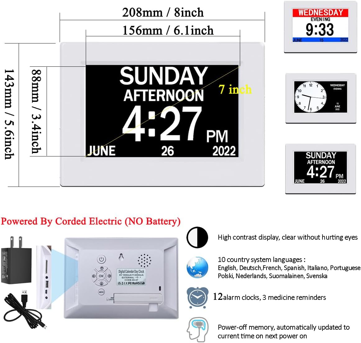 AINFTIME Clock with Day and Date for Elderly-3 Colors Display Digital Calendar Alarm Clock Dementia Alzheimers Clock with Extra Large Display (7in White) - Image 2