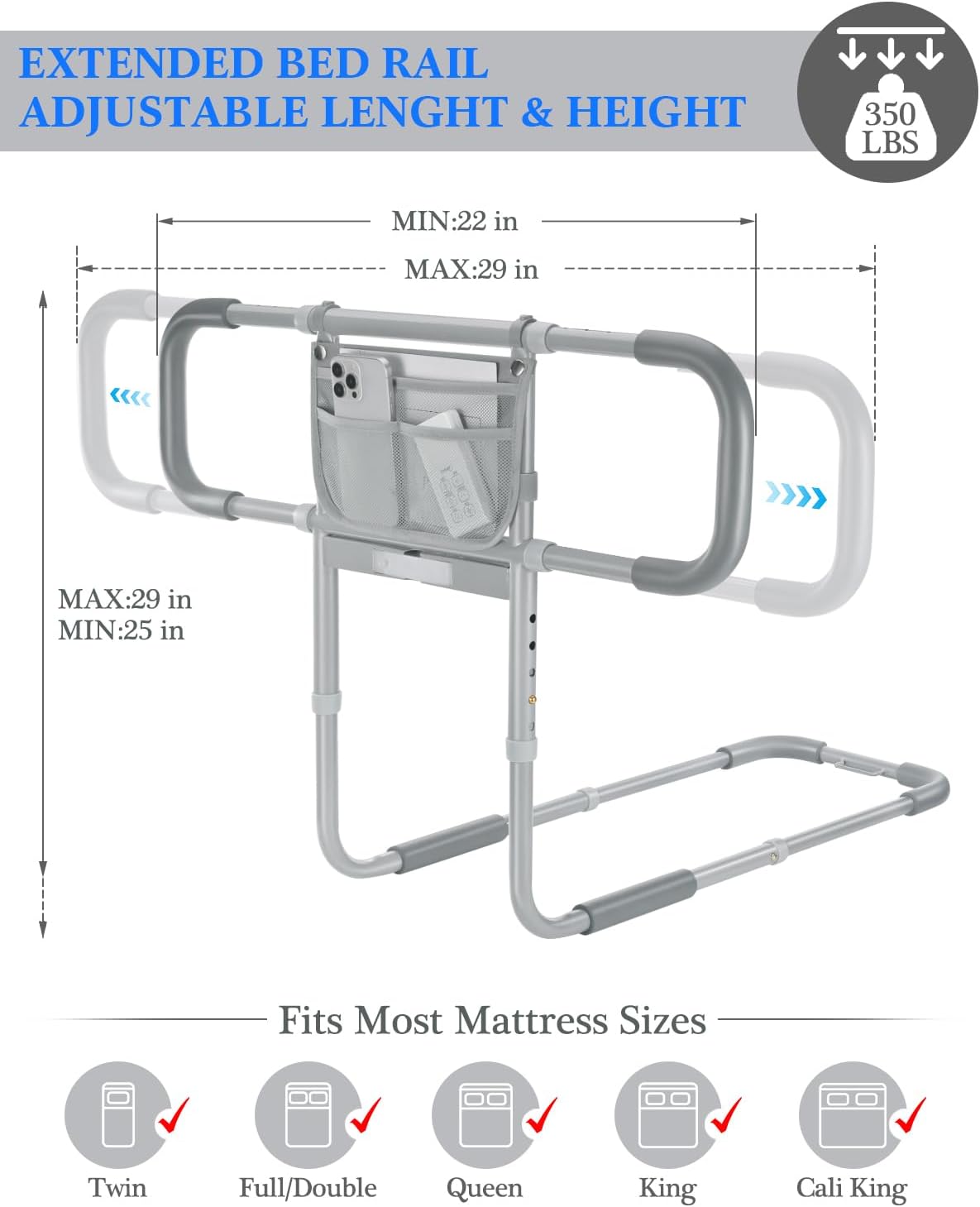 Bed Rails for Elderly Adults Safety, Extended Bed Assist Rail for Seniors with Motion Sensor Light - Adjustable Side Bed Guard Rails Handle Support Bar with Storage Bag, Fit King Queen Full Twin Bed - Image 5
