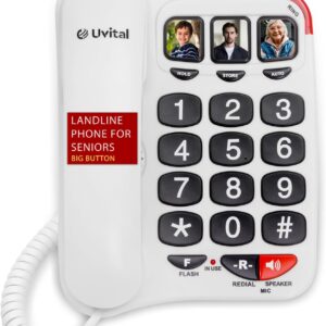 Uvital Big Button Phone for Seniors, White Senior Phone for Elderly Landline, Black Big Buttons Corded Landline Telephone for Home - Amplified Ringer with Loud Speaker for Hearing Impaired