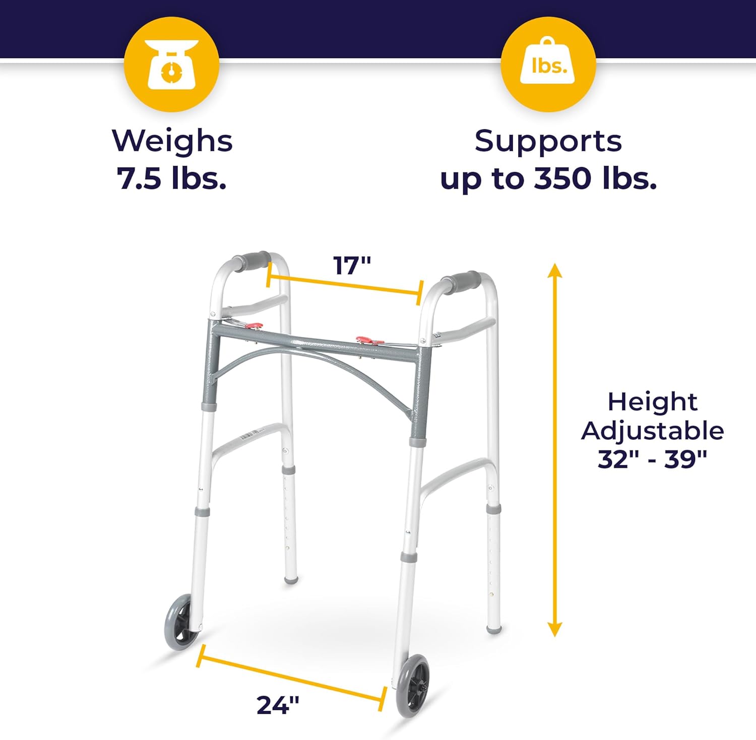 Drive Medical 10210-1 2-Button Folding Walker with Wheels, Rolling Walker, Front Wheel Walker, Lightweight Walkers for Seniors and Adults Weighing Up To 350 Pounds, Adjustable Height, Silver - Image 4