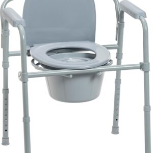 Drive Medical 11148-1 Folding Steel Bedside Commode Chair, Portable Toilet, Supports Individuals Weighing Up To 350 Lbs, with 7.5 Qt. Bucket and 13.5 Inch Seat, Grey
