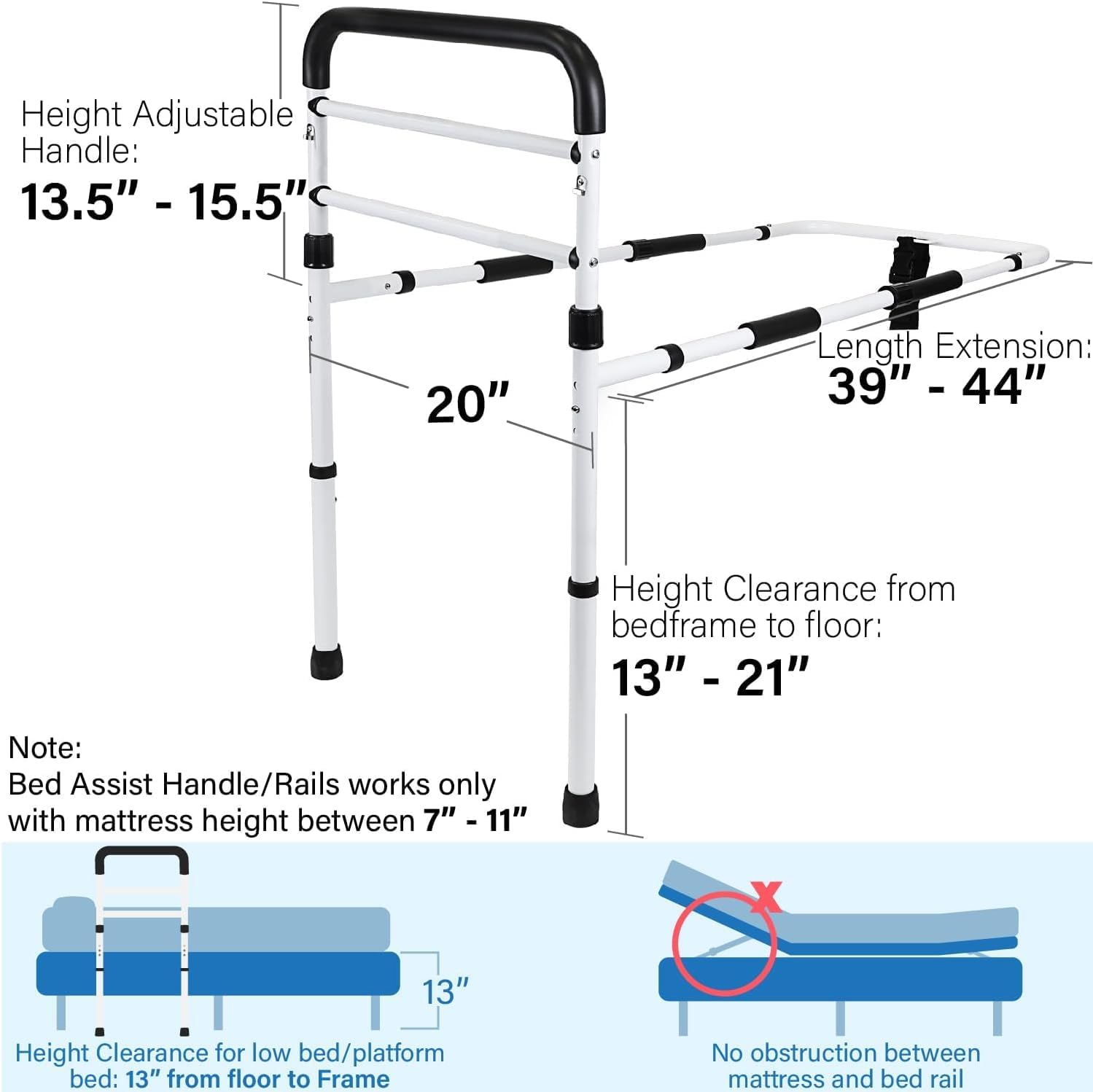 FSA/HSA Eligible, Vaunn Medical New Adjustable Bed Assist Rail Handle (Passed ASTM F3186–17 Safety Standard) and Hand Guard Grab Bar, Bedside Safety and Stability (Tool-Free Assembly), White/Black - Image 7