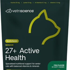 VetriScience Senior 27+ Active Health Chews, Nu Cat Daily Multivitamin for Senior Cats, Balanced Vitamins, Minerals and Antioxidants, Healthy Aging and Wellness Support, Fish, 30 Count