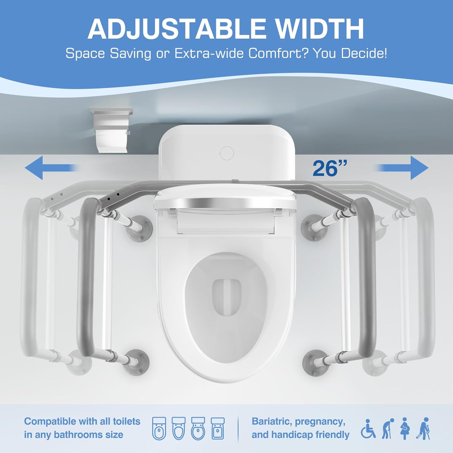 FSA/HSA Eligible Toilet Safety Rails for Seniors, Adjustable Height & Width Toilet Safety Frames with Handles,Toilet Rails W. Reinforced Bars&Suction Cups for Disabled Elderly Fit Most Toilets - Image 2