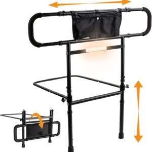 Bed Rails for Elderly Adults Safety, Foldable & Adjustable Side Rails for Bed for Seniors, Elderly Bed Rails with Light & Storage Pouch, Adult Bed Assist Rail for Queen Twin King Bed