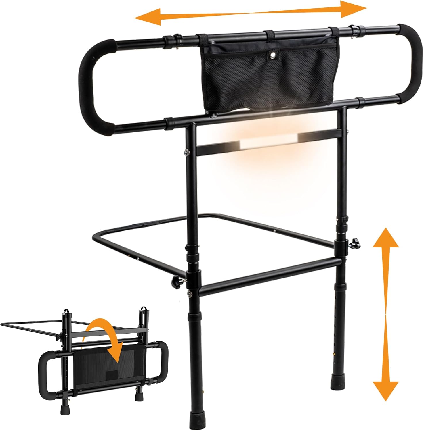 Bed Rails for Elderly Adults Safety, Foldable & Adjustable Side Rails for Bed for Seniors, Elderly Bed Rails with Light & Storage Pouch, Adult Bed Assist Rail for Queen Twin King Bed