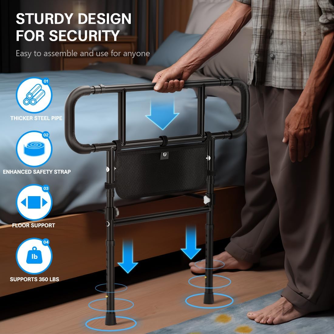 FORTEMOTUS Bed Rails for Elderly Adults Safety - Adjustable Heights& Extendable Bed Side Rail, Foldable Bed Assist Bar, Heavy Duty for Senior, Fits King, Queen, Full, Twin for 10~16'' Mattress - Image 3