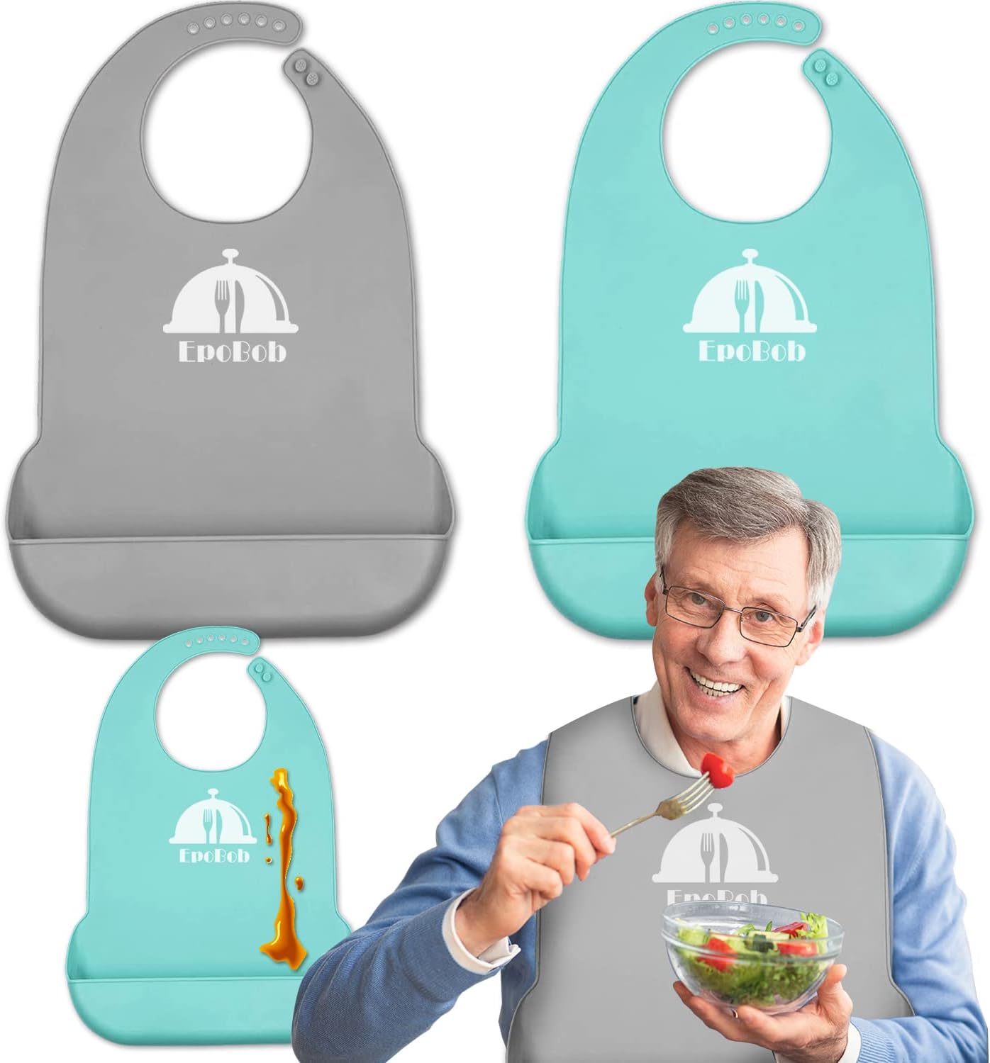 2 Pack Silicone Adult Bibs with Crumb Catcher, Washable and Adjustable Adult Bibs for Elderly Men Women Seniors
