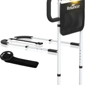 RELIANCER Bed Safety Rail for Elderly Adults w/Support Leg & Motion Light,Dual Handle Assist Grab Bar for Seniors,Adjustable Bedside Support Railings,Bed Side Assist Guard Rail,Bedside Hand Guard Bar