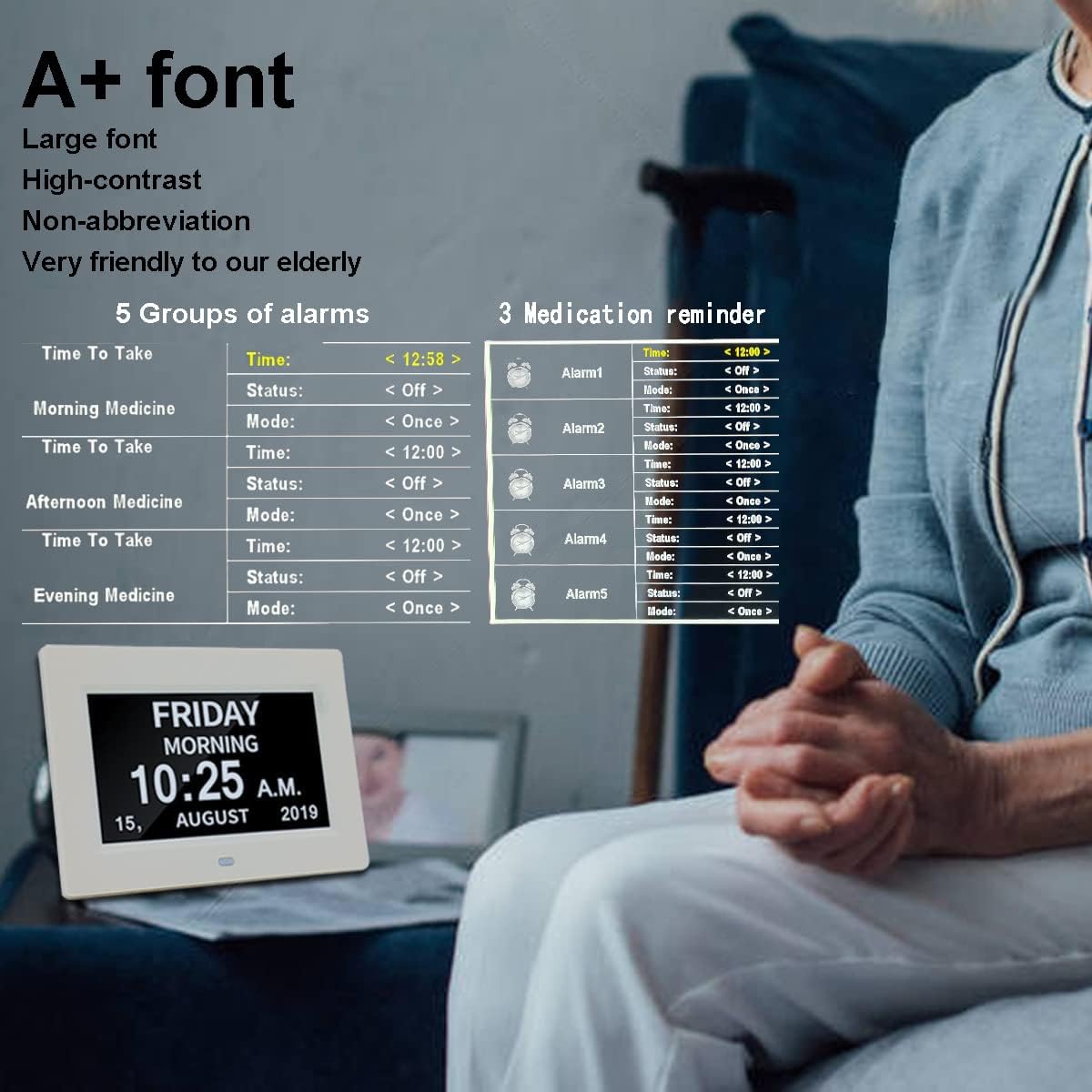 AINFTIME Clock with Day and Date for Elderly-3 Colors Display Digital Calendar Alarm Clock Dementia Alzheimers Clock with Extra Large Display (7in White) - Image 3