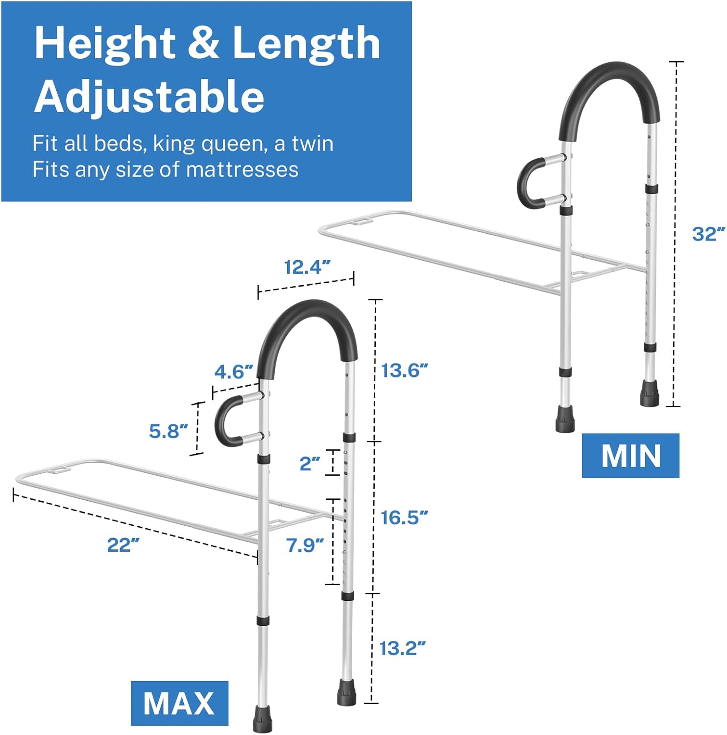 Bed Rails for Elderly Adults Safety with Storage Pocket, Dual Handle Grab Bars Height Adjustable Bed Rail Bed Assist bar Bed Rails for Seniors - Easy to Get in or Out of Bed Safely with Floor Support - Image 6