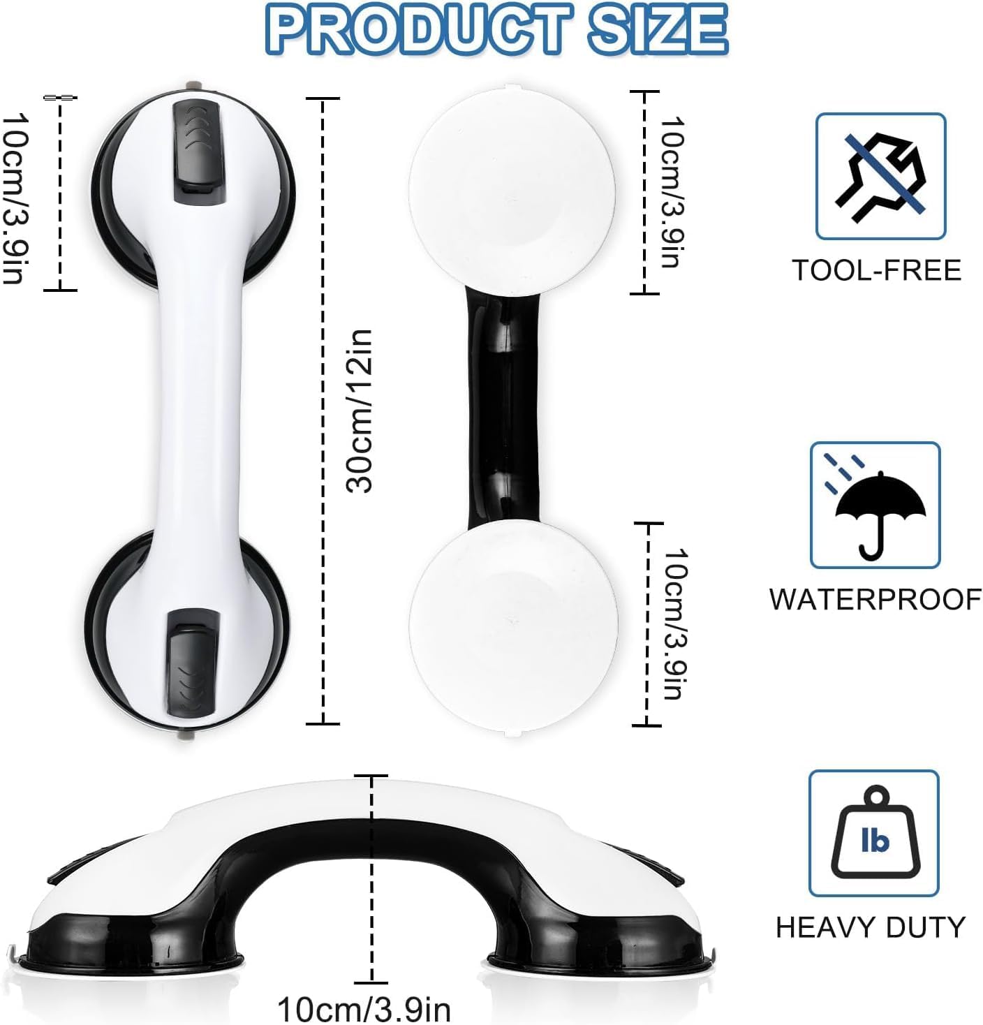 Grab Bars for Bathtubs and Showers, 2 Pack Shower Handle 12 Inch Strong Suction Shower Bar, Safety Bars for Shower Chair, Bathroom Grab Bar for Senior Black White - Image 3