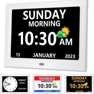 10 Inch Clock with Day and Date for Elderly Large Display Digital Clocks 12 Alarm 3 Medicine Reminders Large Font Alzheimer's Clock Alarm Clocks for Seniors Dayclock White
