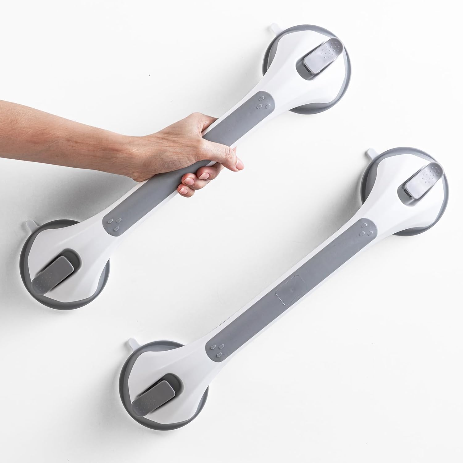 LEVERLOC 2 Pack Grab Bars for Bathtubs and Showers, Easy to Install Suction Shower Handles for Bathroom Removable Handrails for Seniors Elderly Heavy Duty Safety Grip Waterproof Drill Free Gray