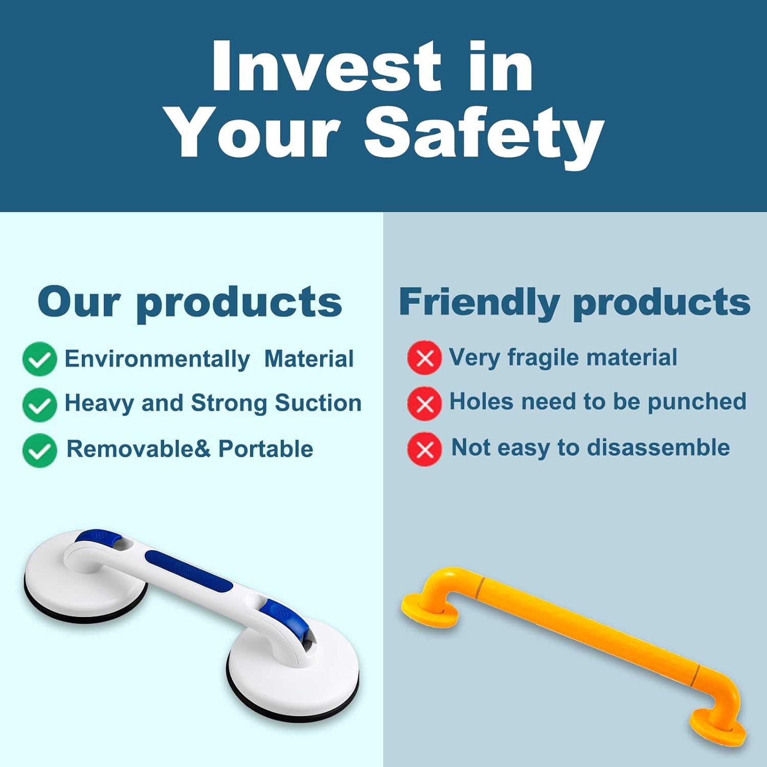 New Shower Handle Shower Grab Bars for Bathtubs and Showers,Strong Hold Suction Cup Grip Grab,Bath Handle Heavy Duty Grab Bars for Handicap Elderly Seniors(Royal Blue) - Image 3