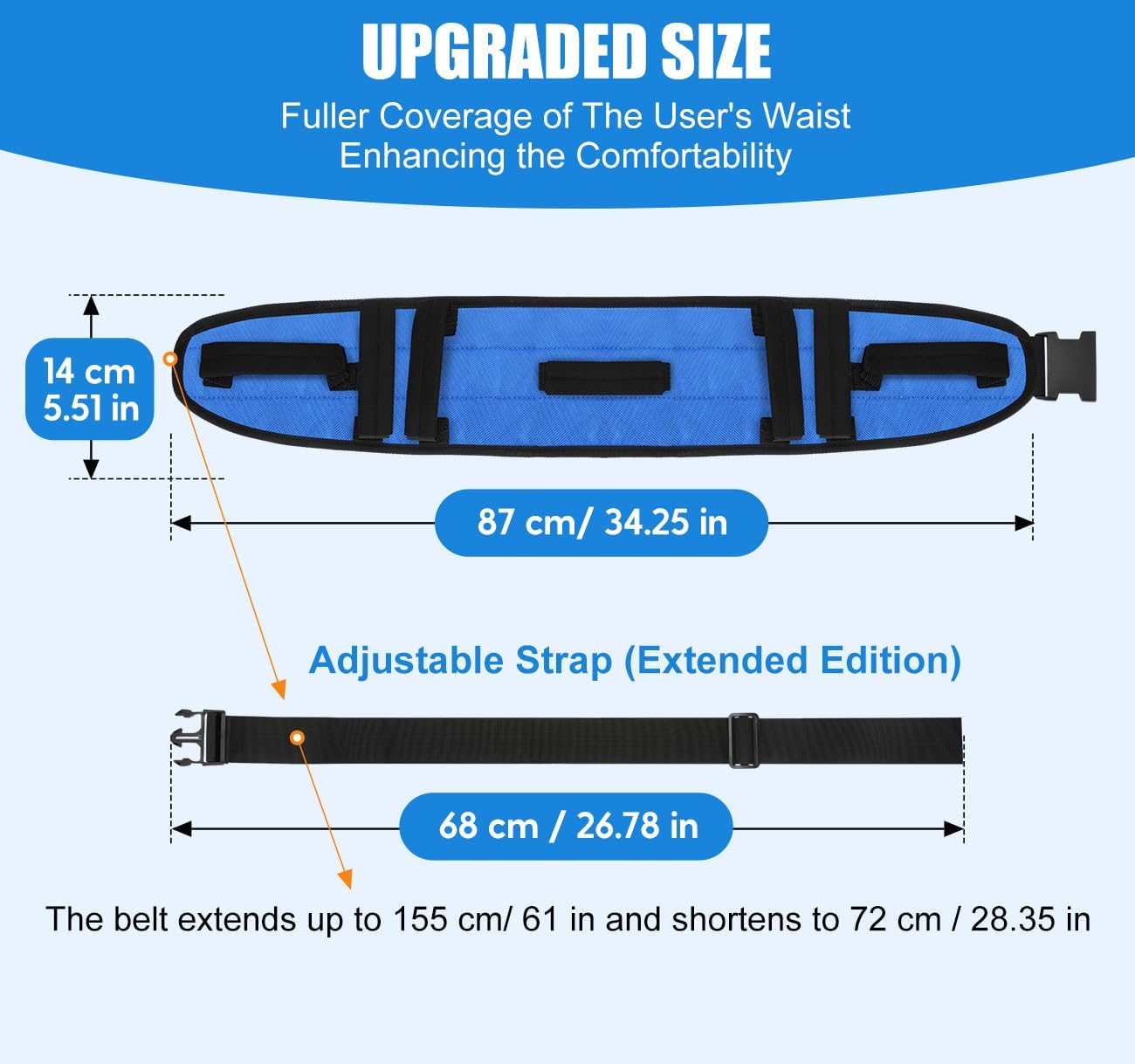 Rhino Valley Gait Belt Transfer Belt for Senior with 7 Handles, Lift Belt with Quick Release Buckle, 59" Anti-Slip Transfer Belt for Elderly, Medical Nursing Safety Patient Assist, Blue & Black - Image 2