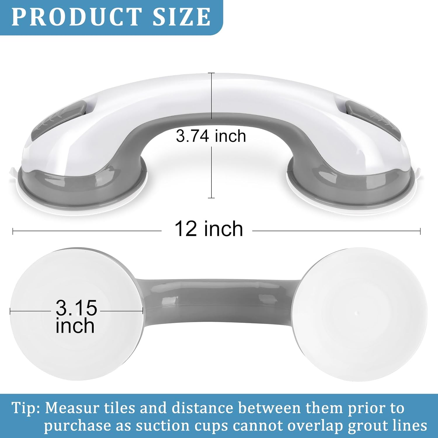 Shower Handle 1 Pack Grab Bars for Bathtubs & Showers, 12 inch Grab Bars for Bathroom with Strong Hold Suction Cup, Balance Bar Safety Hand Rail for Injury, Senior, Elderly Grey - Image 3