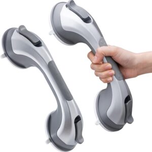 LEVERLOC Grab Bars for Bathtubs and Showers 2 Pack Suction Grab Bar, Heavy Duty 12 Inch Shower Handle Removable Handrails for Seniors and Elderly, Bathroom Safety Grip No Drilling Waterproof Silver