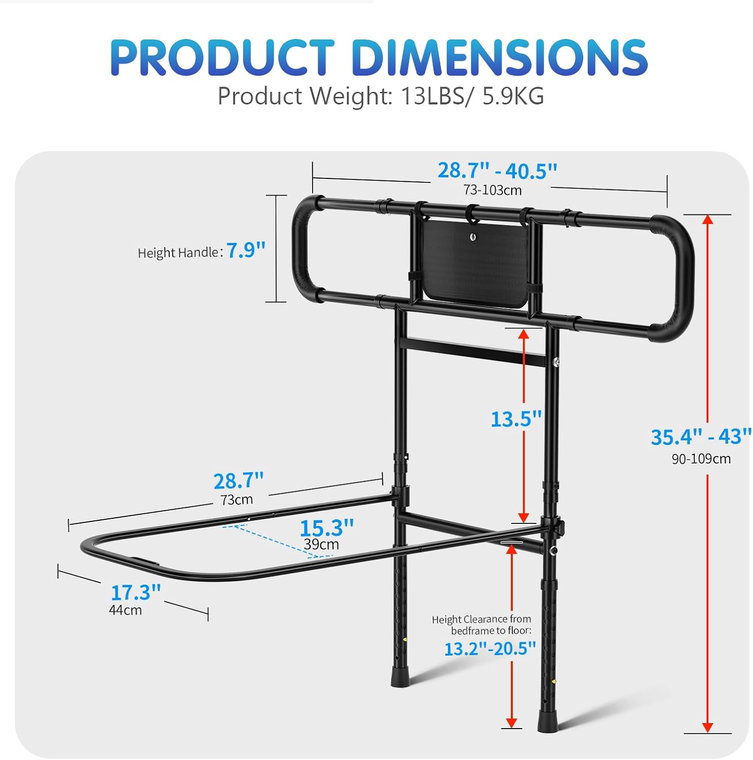 FORTEMOTUS Bed Rails for Elderly Adults Safety - Adjustable Heights& Extendable Bed Side Rail, Foldable Bed Assist Bar, Heavy Duty for Senior, Fits King, Queen, Full, Twin for 10~16'' Mattress - Image 2