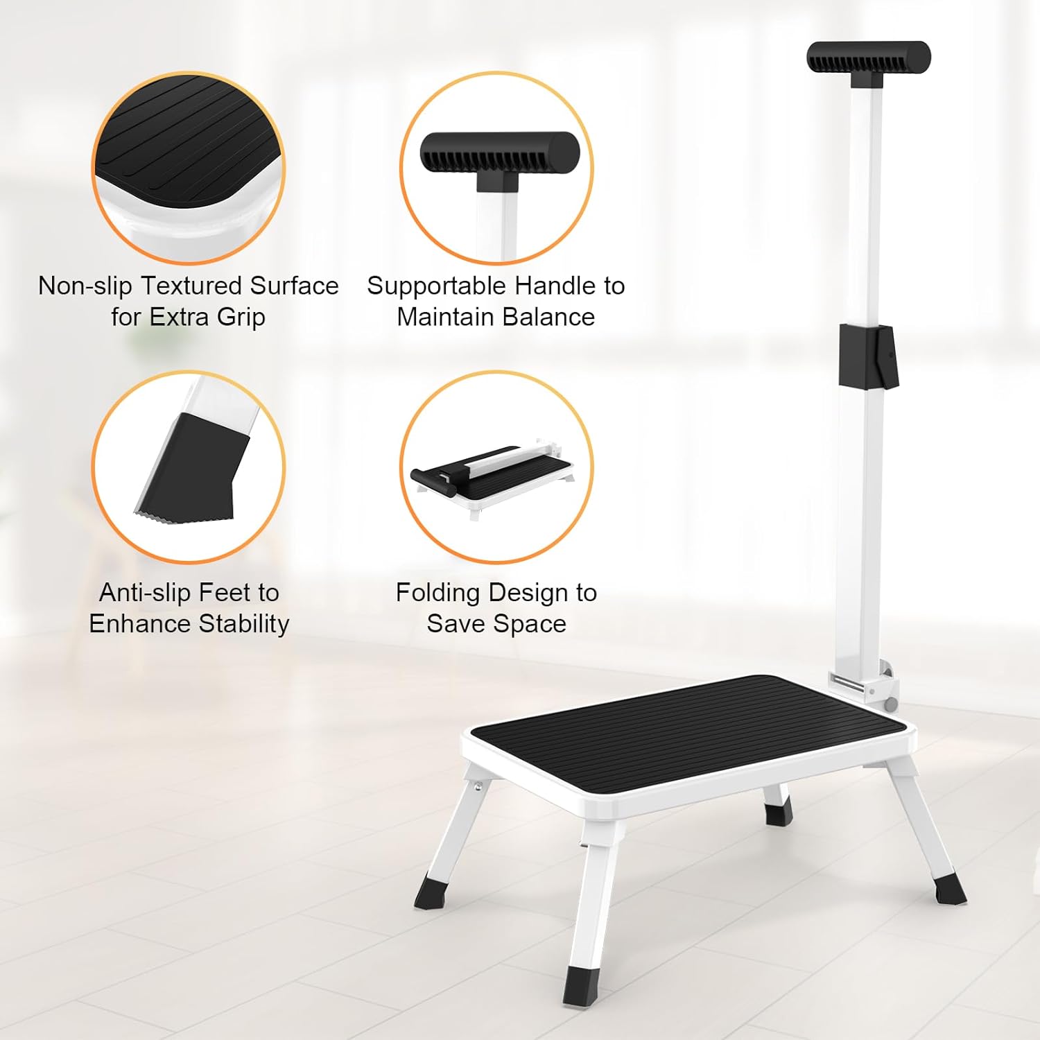 Step Stools for Adults, Foldable Step Stool with Handle for Elderly Seniors Stepping Stool with Non-Slip Step Platform Metal Stool in Kitchen, Bedroom,Bathroom,330 Lbs Capacity(Patent Protection) - Image 2