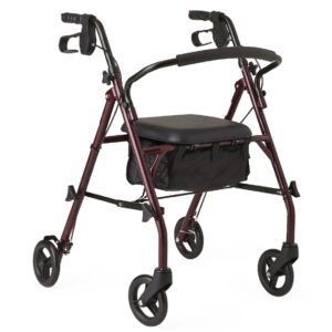 Medline Steel Rollator Walker with Seat, Burgundy, 350 lb. Weight Capacity, 6” Wheels, Foldable, Adjustable Handles, Rolling Walker for Seniors, Walker for Mobility Impaired