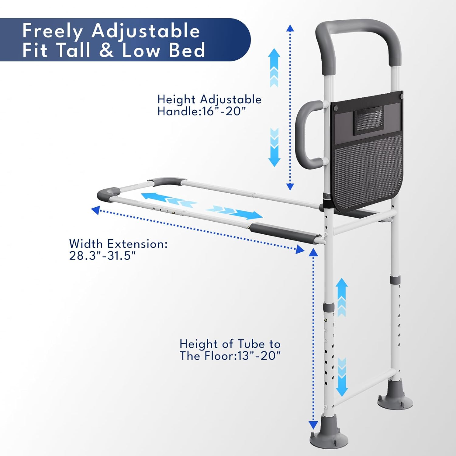 HOMEAL Bed Rails for Elderly Adults Safety - Height Adjustable Bedside Assist Rails for Seniors, Stable Bed Cane Guard Railings with Non-Slip Ergonomic Handle Bar and Storage Pocket (Grey) - Image 5