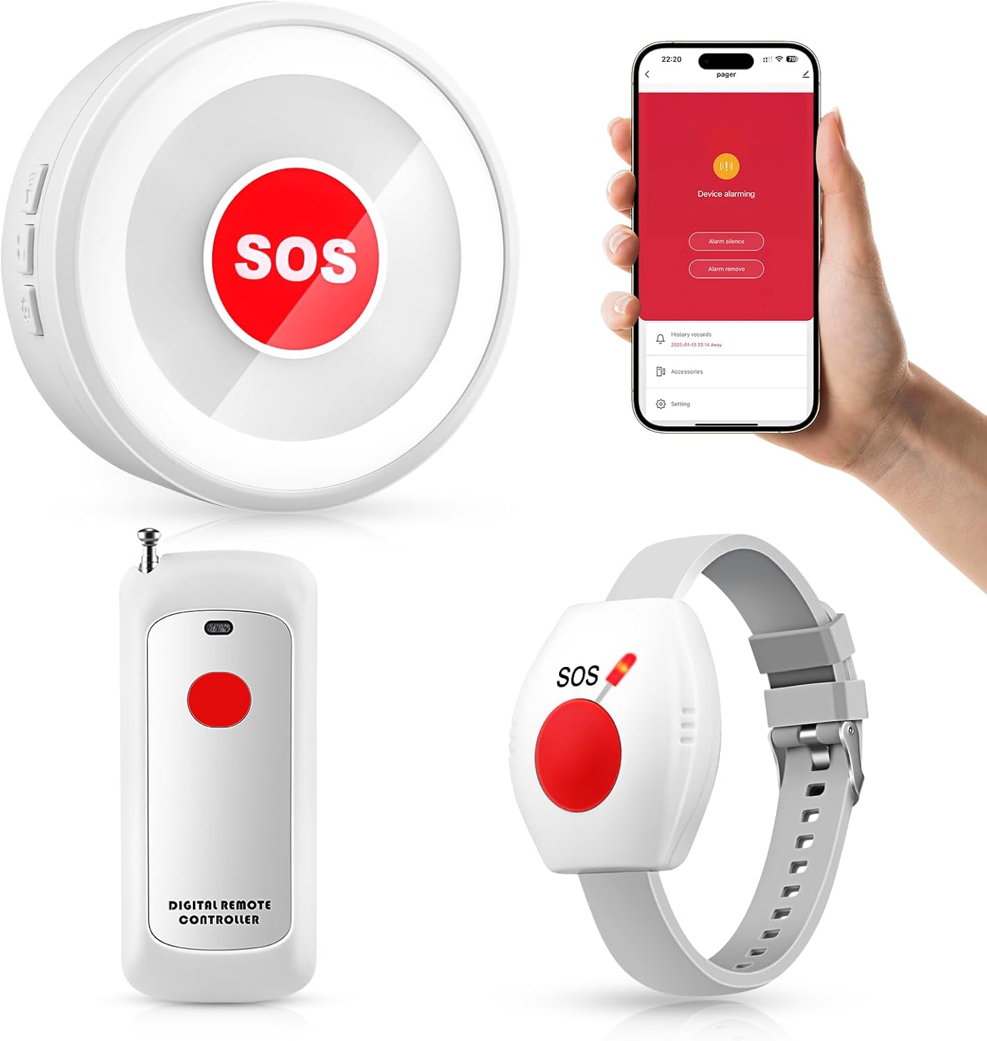 Life Alert Systems for Seniors No Monthly Fee Wi-Fi APP Control Elderly Alarm Call Button Caregiver Pager Panic Alarm for 1 Call Button 1 Watch Button 1 Receiver(Only Supports 2.4GHz Wi-Fi)