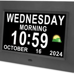 Digital Calendar Dementia Alarm Clock with Day and Date for Elderly - 15 Alarms 5 Colors Display Digital Clock Large Display Alzheimers Clock Large Digital Clock for Seniors (7in Black)