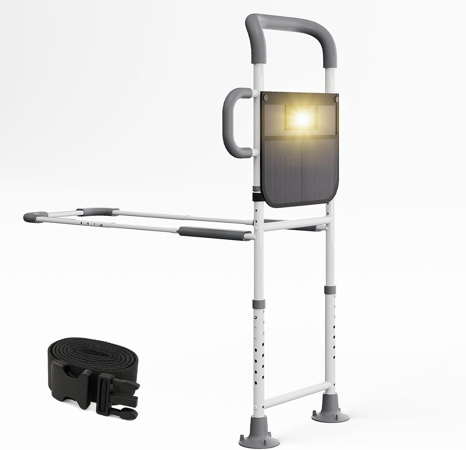 HOMEAL Bed Rails for Elderly Adults Safety - Height Adjustable Bedside Assist Rails for Seniors, Stable Bed Cane Guard Railings with Non-Slip Ergonomic Handle Bar and Storage Pocket (Grey)