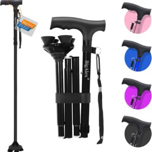BigAlex Folding Walking Cane for Elderly Adjustable & Portable Walking Stick for Seniors,Pivoting Quad Base,Lightweight,Collapsible with Carrying Bag for Men/Woman