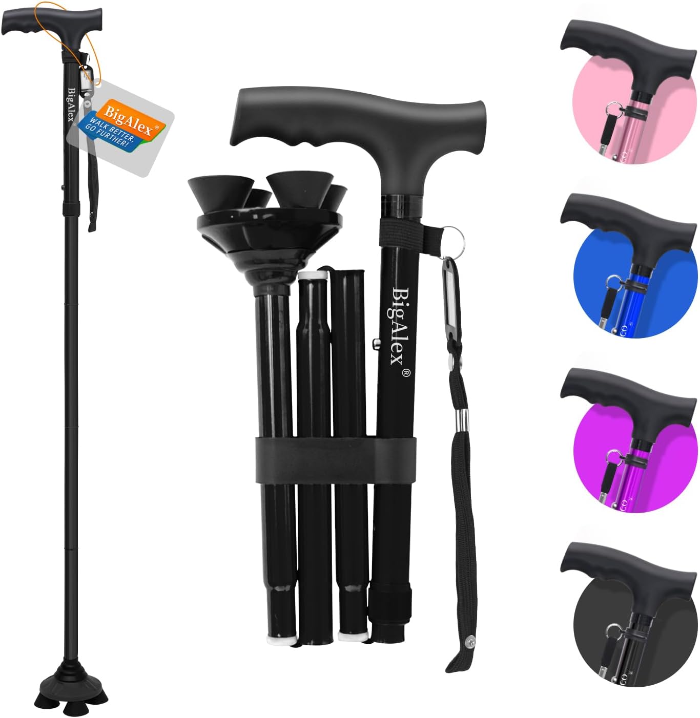 BigAlex Folding Walking Cane for Elderly Adjustable & Portable Walking Stick for Seniors,Pivoting Quad Base,Lightweight,Collapsible with Carrying Bag for Men/Woman