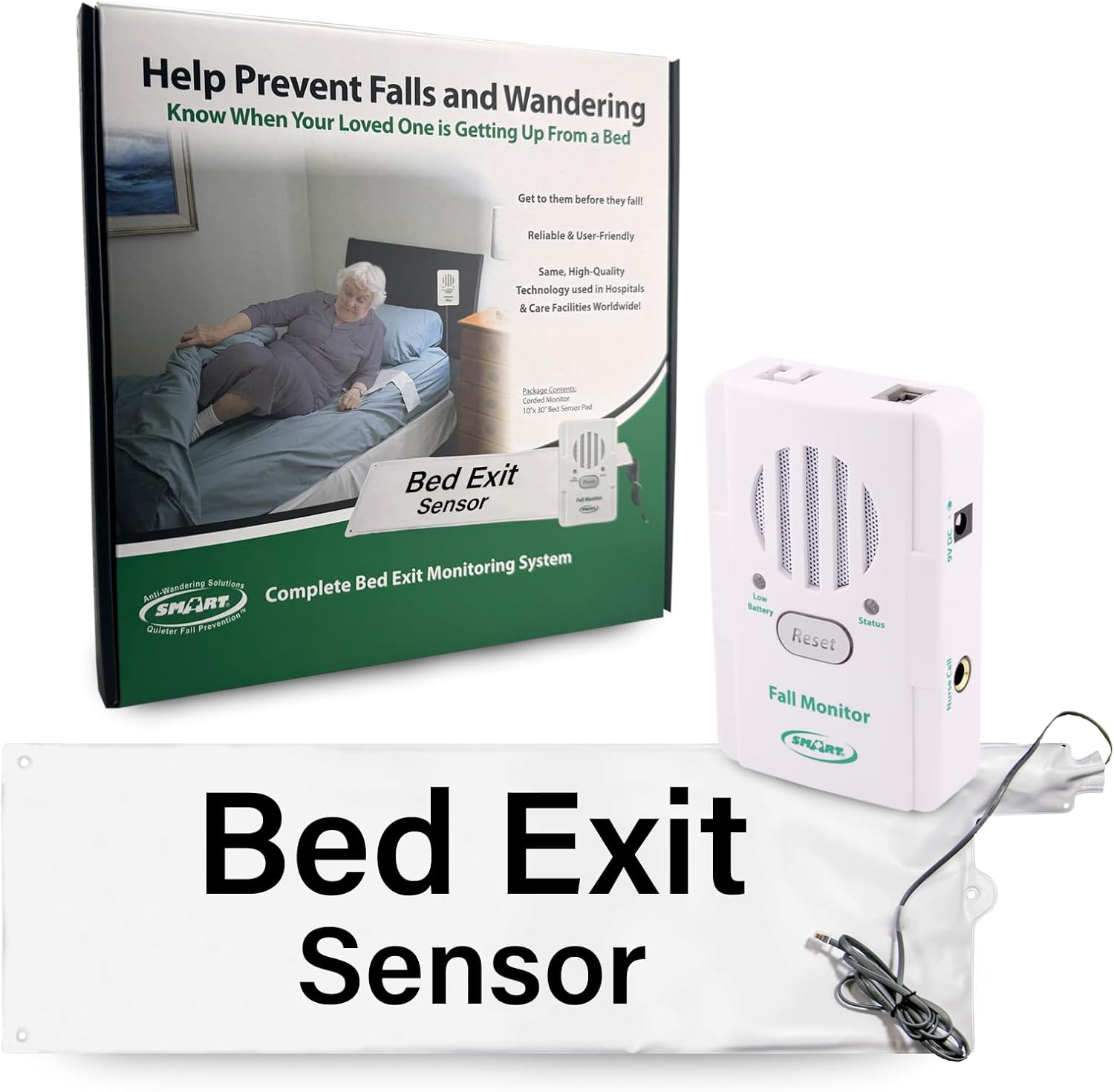 Smart Caregiver FallGuard Bed Exit Alert for Seniors Fall Prevention - Bed Alarm with 10"x30" Weight Sensing Bed Pad for Elderly - Automatically Alerts Caregiver When They Get Up