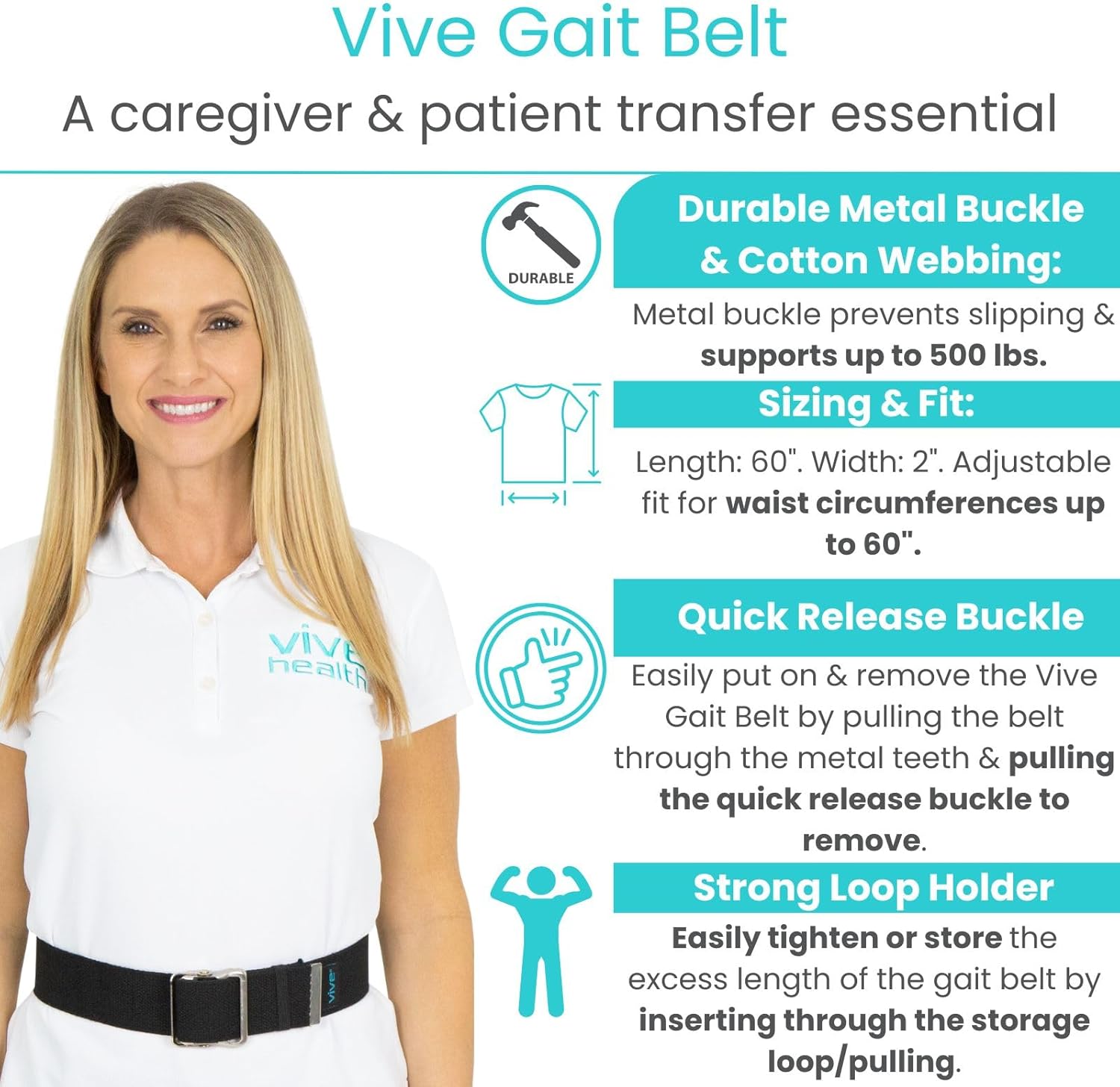 Vive Gait Belt (60 Inch) - Transfer Assist Device for Caregiver, Nurse, Therapist, Seniors, Elderly, Bariatric, Occupational and Physical Therapy - Medical Nursing Safety - Walking & Standing Aid - Image 2