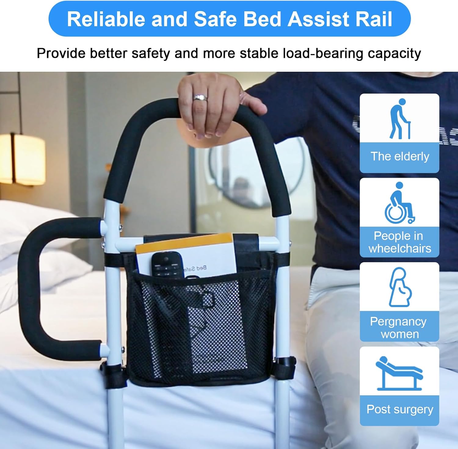 Bed Rails for Elderly Adults Safety-Bed Assist Rail with Double Grab Bars & Fall Prevention Guard & Storage Pocket Fits King, Queen, Full, Twin, Support Up to 300lbs,Height 25.6'' (Double Grab Bars) - Image 3