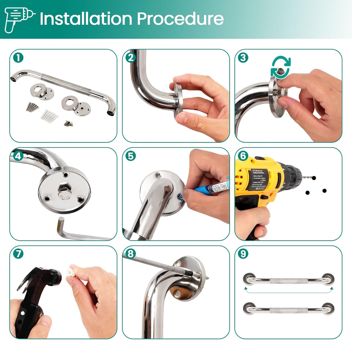 2 Pack 16 Inch Grab Bars for Bathtubs and Showers, Safety Bathroom Shower Grab Bars for Seniors Holds up to 500LBs, Handicap Grab Bars Stainless Steel, Anti Slip Shower Handle for Wall, Elderly - Image 6