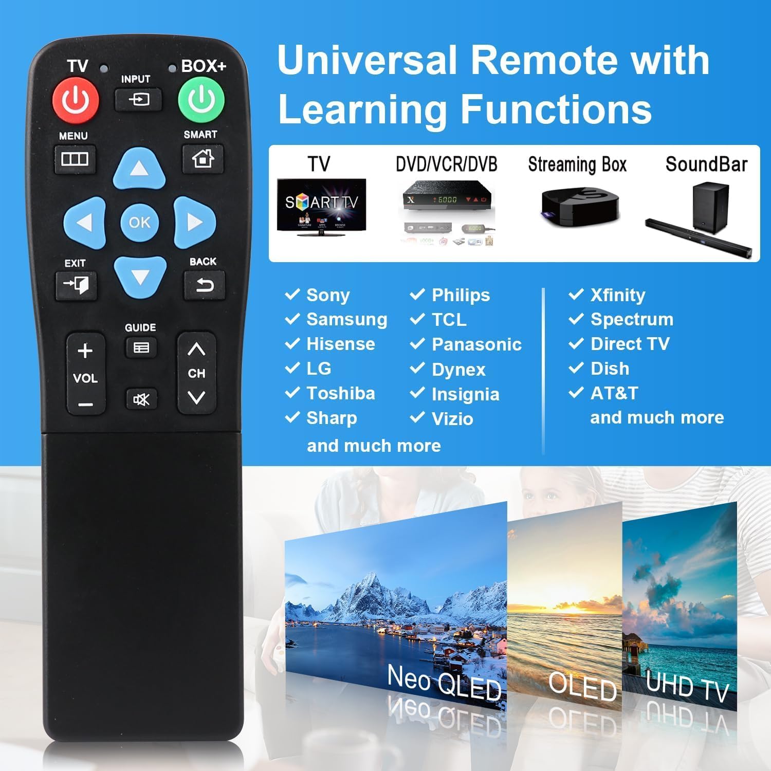 Universal Big Button Remote for Seniors, Elderly, 2-Device Control - Learning Functions, Use for TV, Streaming Box, Soundbar Audio Recevier, DVD/VCR/SAT Device & Blue-Ray DVD, Dementia Friendly Gifts - Image 2