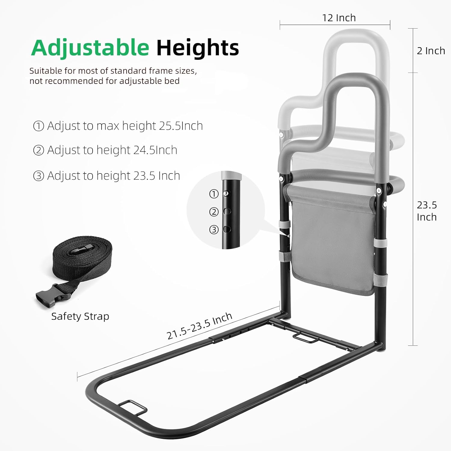 Dual Bar Bed Rail for Elderly Adults Safety with Storage Pocket, Bed Assist Rail for Seniors for Easily Getting in & Out of Bed, Bed Rails Fits King, Queen, Full, Twin Bed - Image 6