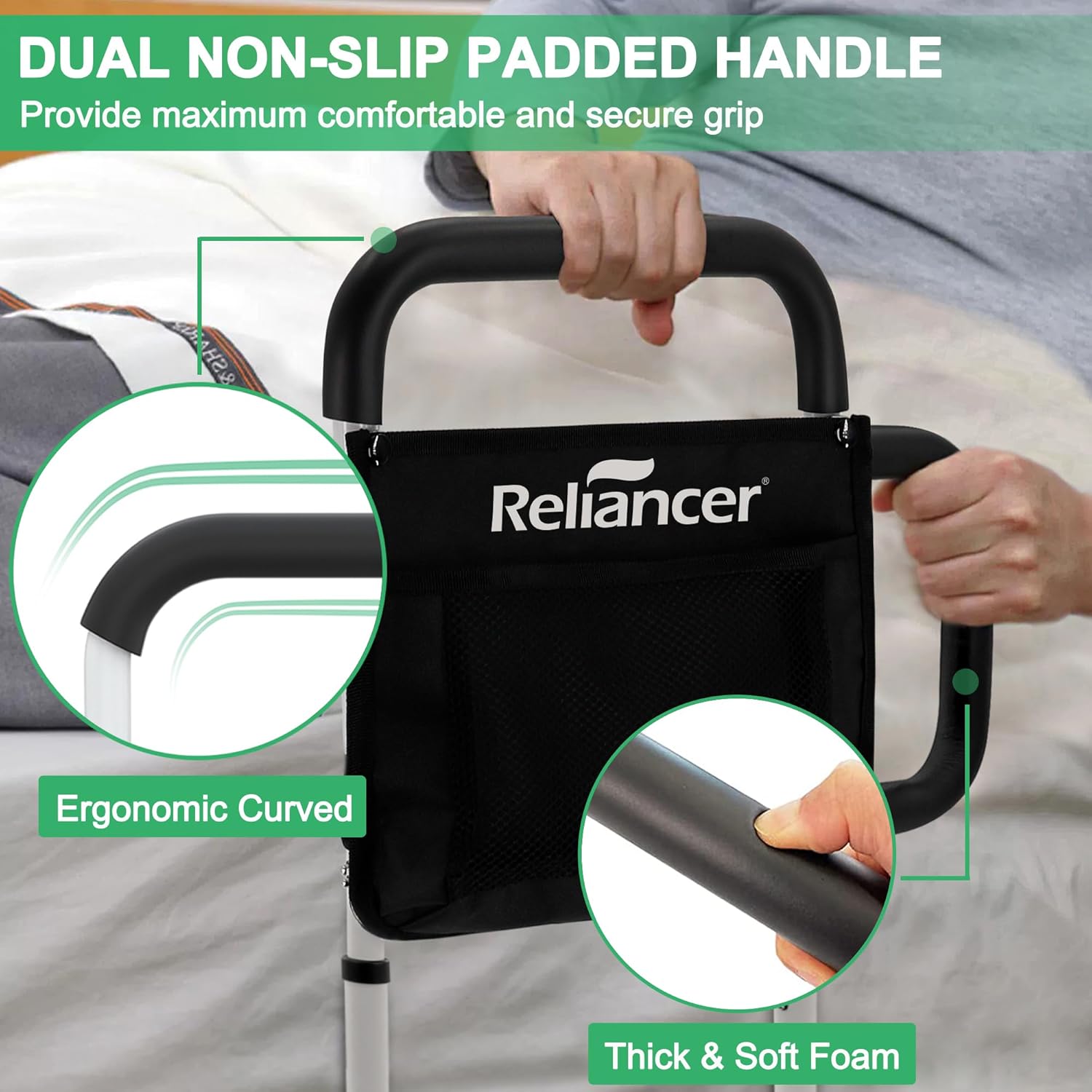 RELIANCER Bed Safety Rail for Elderly Adult w/Side Support Bar&Storage Bag,Dual Handle Assist Grab Bar for Seniors,Adjustable Bedside Support Railing,Bed Side Assist Guard Rail,Bedside Hand Guard Bar - Image 4