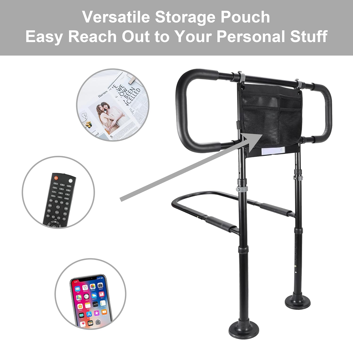 Bed Rails for Elderly Adults Safety: Adjustable Heights Bed Cane with Storage Pocket, Non-Slip Handle, Motion Sensor Light, Bedrails for Elderly Adults Grab Bar Bed Handrails, Can Withstand 400LB - Image 5