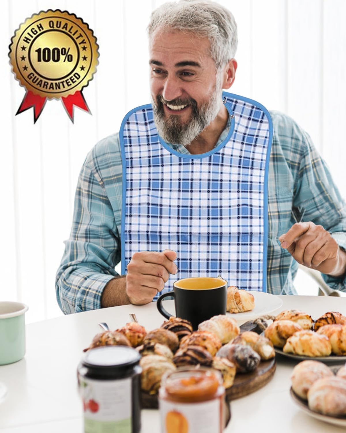 Adult Bibs, 3-Pack Washable Waterproof Clothing Protector for Men, Women, Elderly Seniors - Reusable Large Feeding Bibs - Image 6