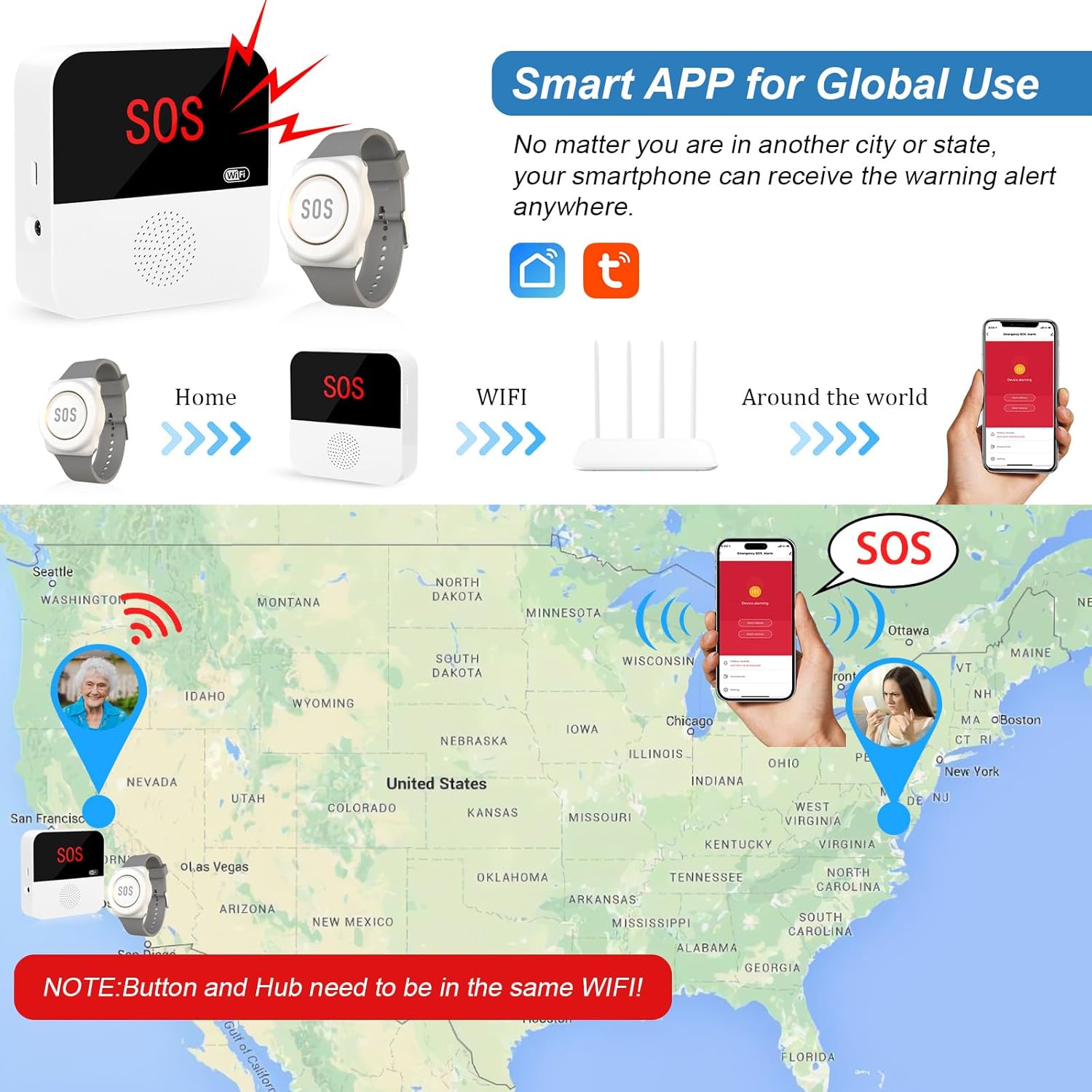 WiFi Wireless Caregiver Pager Call Button System Emergency Alert System Life Alert Button for Seniors Patient Disabled Elderly 1 Call Button 1 Watch Button 1 Receiver(only Supports 2.4GHz Wi-Fi) - Image 3