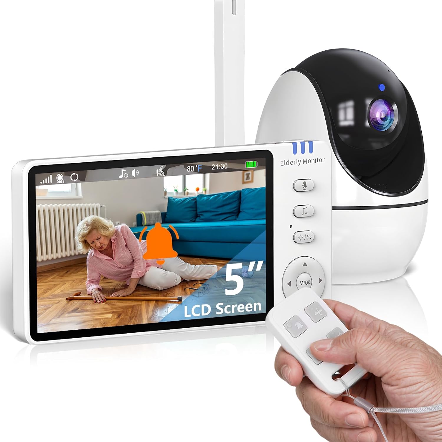 Elderly Monitor with Camera and Audio, 2-Way Talk Room Monitors for Elderly, Call Button, Med Reminder, Temp Monitoring, Night Vision, Pan-Tilt-Zoom Video Monitor for Elderly Care & Caregivers/No WiFi