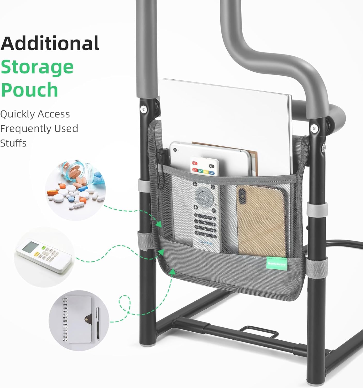 Dual Bar Bed Rail for Elderly Adults Safety with Storage Pocket, Bed Assist Rail for Seniors for Easily Getting in & Out of Bed, Bed Rails Fits King, Queen, Full, Twin Bed - Image 5