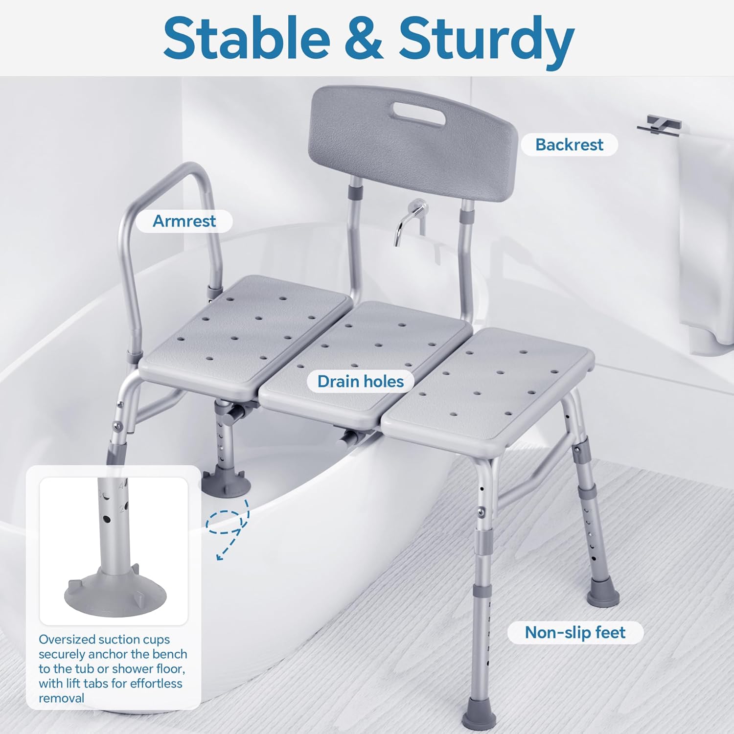 Tub Transfer Bench for Bathtub, FSA/HSA Eligible 400 lbs Heavy Duty Shower Chair with Backrest, Slip-Resistant Feet, Height Adjustable Shower Bench Shower Seat for Elderly and Disabled - Image 3